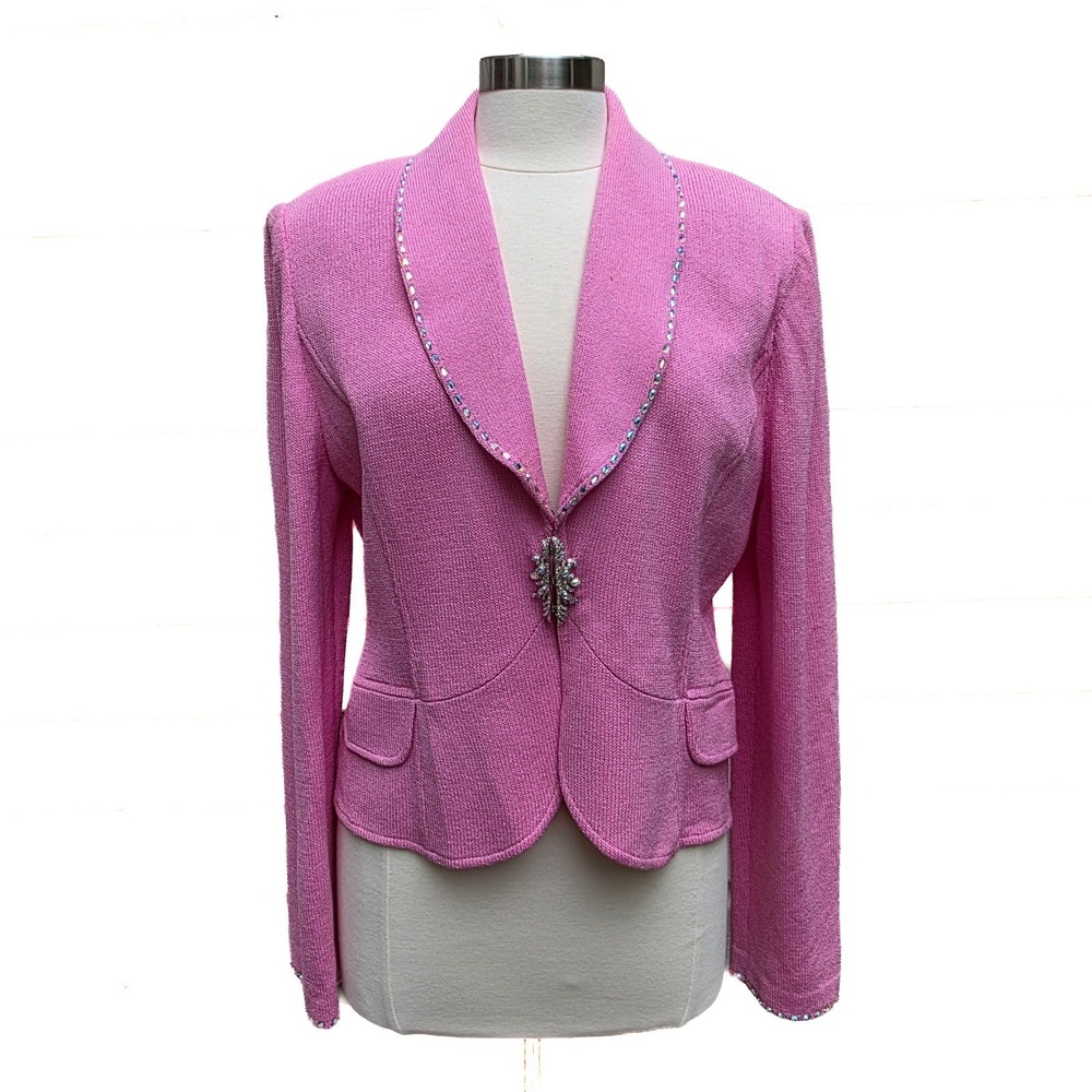 St. John Evening Blazer 14 Pink Rhinestone Accents Santana Knit Luxury VTG USA